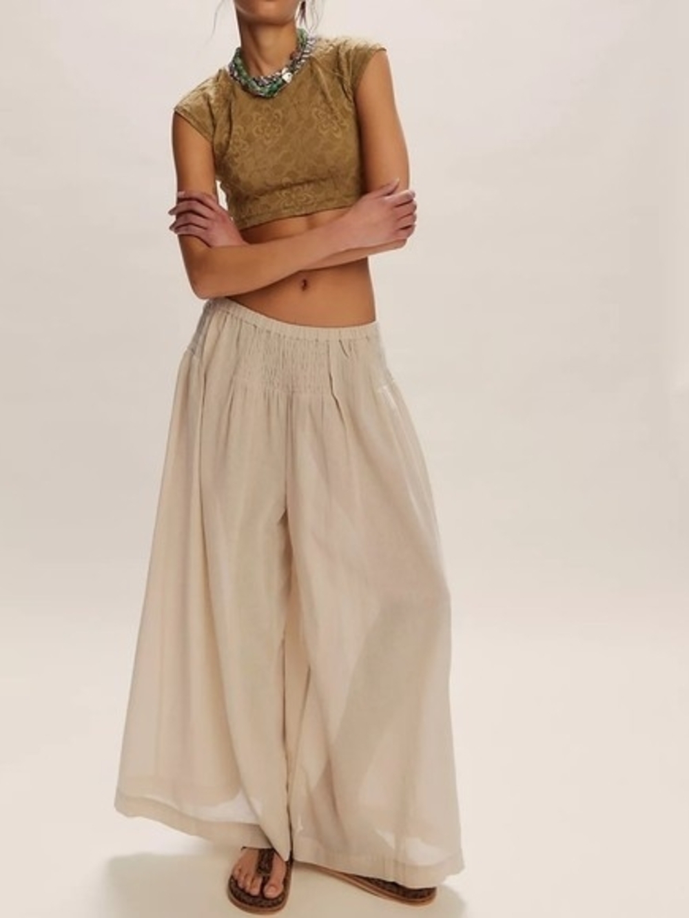 Free People Cream Wide-Leg Smocked-Waist Pants